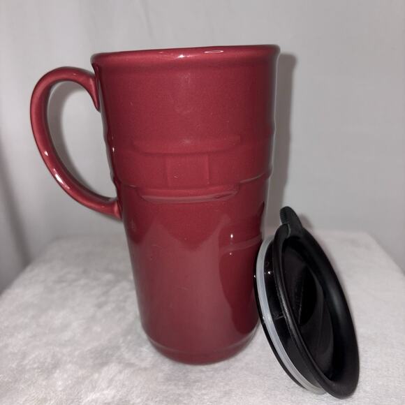 Longaberger Pottery Woven Traditions Tall Paprika Travel Coffee Mug/Cup w/ Lid - Picture 5 of 7